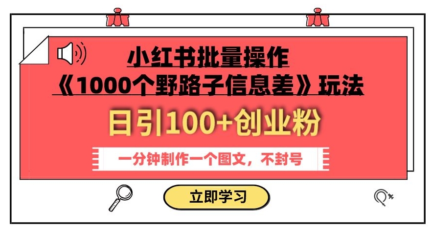 小红书批量操作《1000个野路子信息差》玩法，一分钟制作一个图文，不封号，日引100+创业粉-婷好网络资源库
