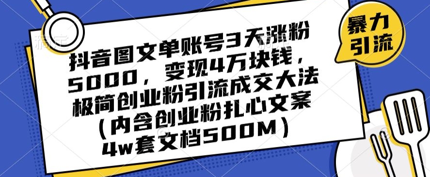 抖音图文单账号3天涨粉5000，变现4万块钱，极简创业粉引流成交大法-婷好网络资源库