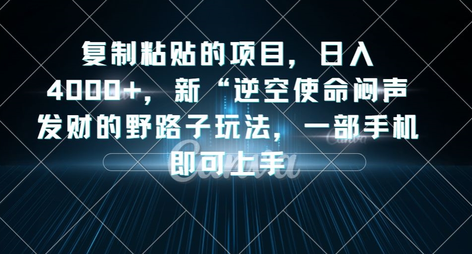 复制粘贴的项目，日入4000+，新“逆空使命“闷声发财的野路子玩法，一部手机即可上手-婷好网络资源库