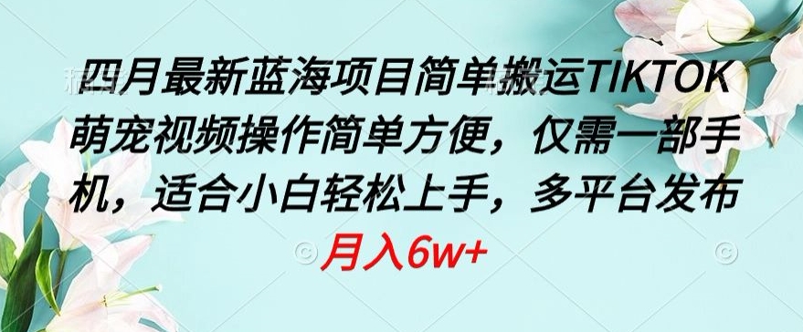 四月最新蓝海项目，简单搬运TIKTOK萌宠视频，操作简单方便，仅需一部手机【揭秘】-婷好网络资源库