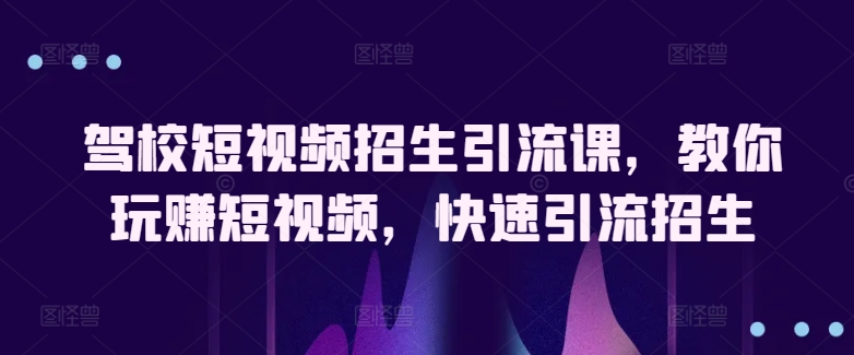 驾校短视频招生引流课，教你玩赚短视频，快速引流招生-婷好网络资源库